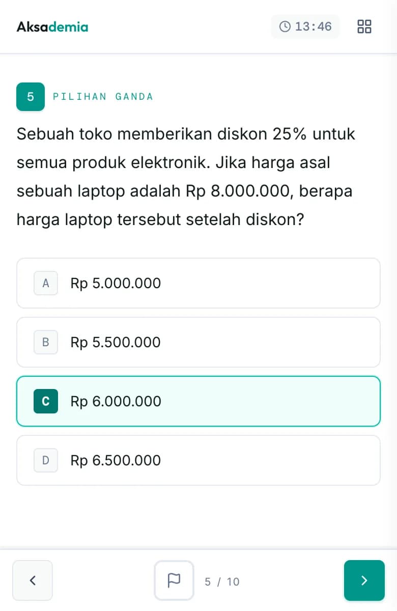 Layar ujian: soal pilihan ganda dengan timer dan navigasi soal