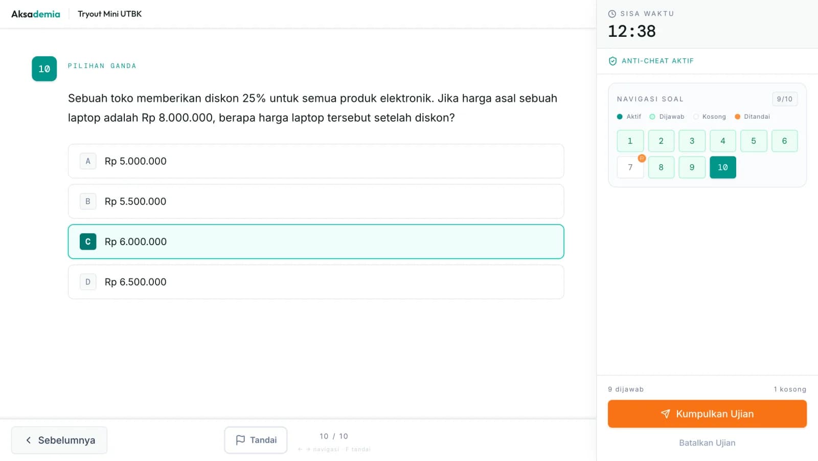 Layar ujian: soal pilihan ganda dengan timer dan navigasi soal